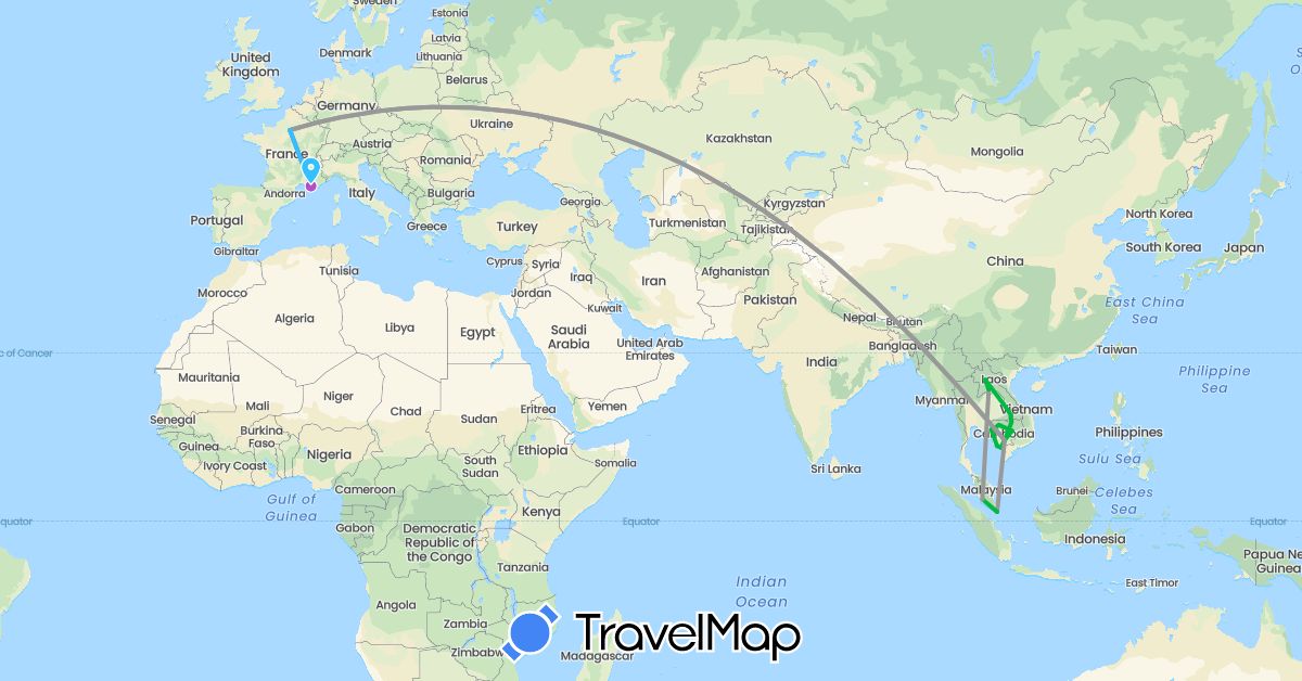 TravelMap itinerary: bus, plane, train, boat in France, Cambodia, Laos, Malaysia, Singapore (Asia, Europe)